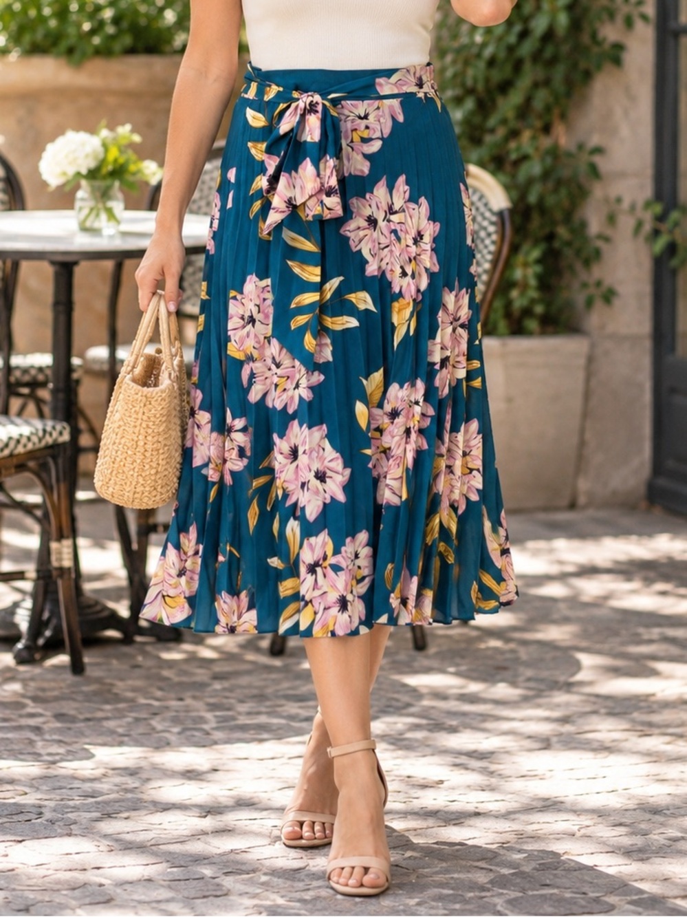 DR2 Teal Floral Pleated Tie-Waist Midi Skirt M